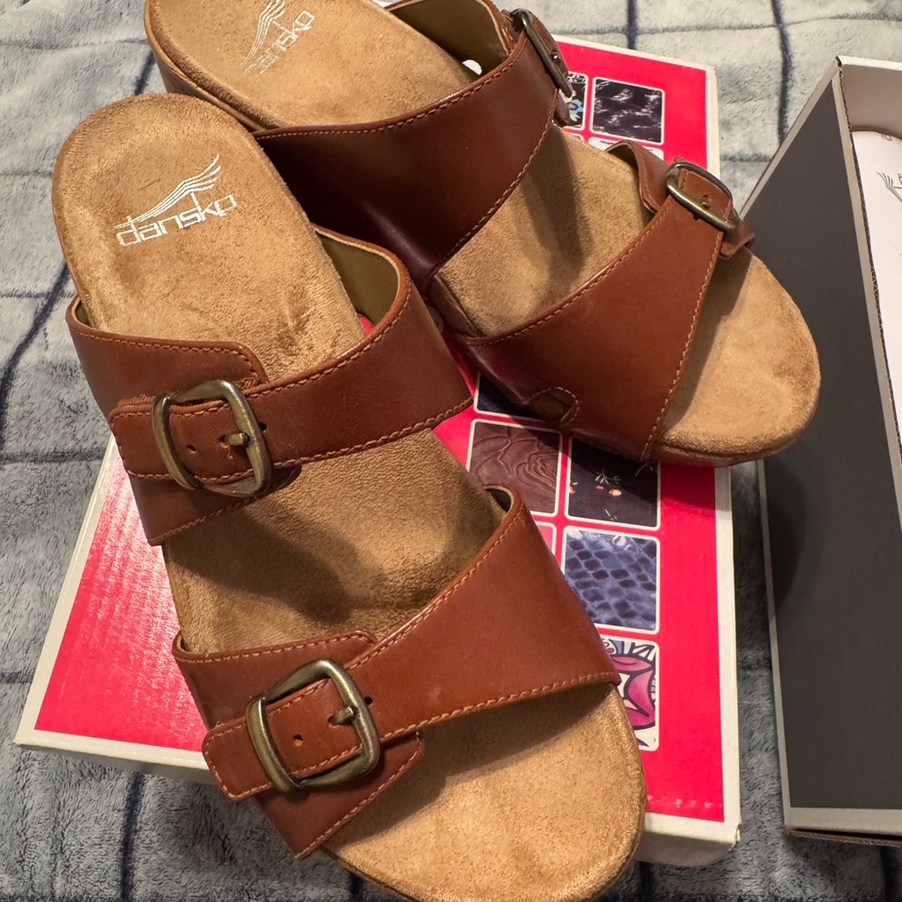 Dansko Brown Leather Mules with Dual Buckle
